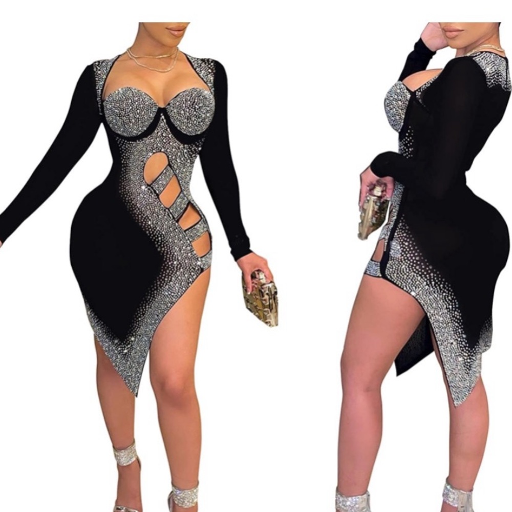 HP Long sleeve Black dress with rhinestones and slits night out size 3XL